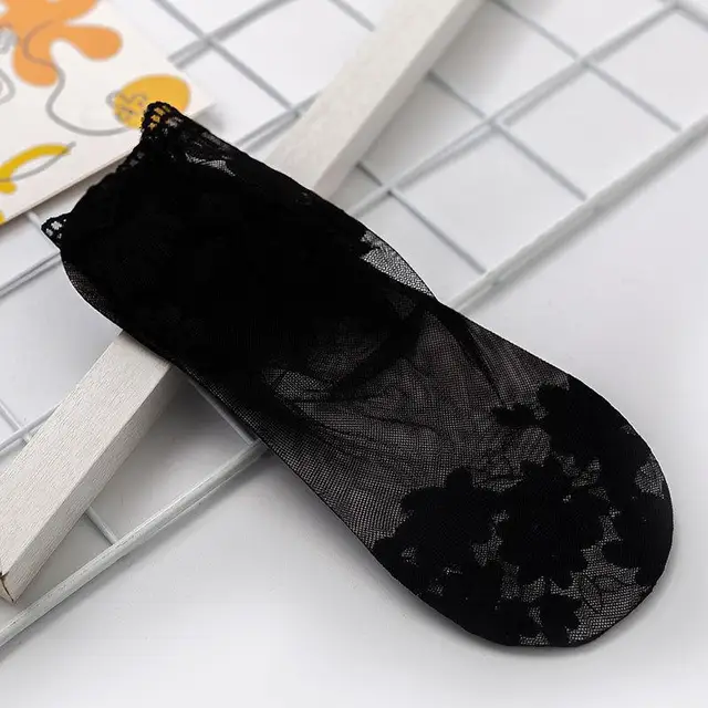 Summer Women Lace Socks Sexy Antiskid Non-slip Invisible Liner Sock Female Elastic Comfy Thin Breathable Ankle Short Black Socks Black