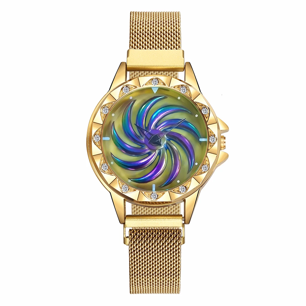 Женские вращающиеся часы с магнитной пряжкой роскошные женские кварцевые часы из нержавеющей стали Relogio Feminino - Цвет: gold