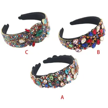 

Baroque Colorful Jewelry Bandana Shiny Crystal Rhinestone Chain Wide Hair Hoop