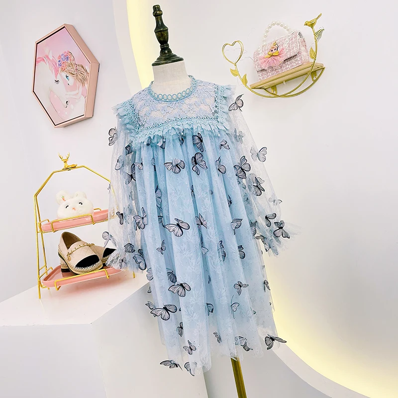 Spring Girls Princess Dress Long Sleeve Children Clothing Floral Sweet Family Party Wear Tulle Baby Girls Dress Vestidos 3-14Y