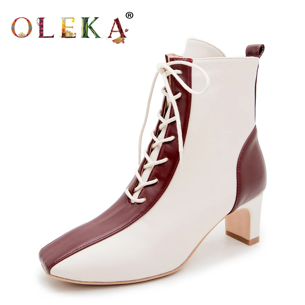 

OLEKA Fashion Style Sexy Boots Mid-calf New Strange Heel Totem Basic Warm Short Plush Leather Boots Women Winter Square Toe