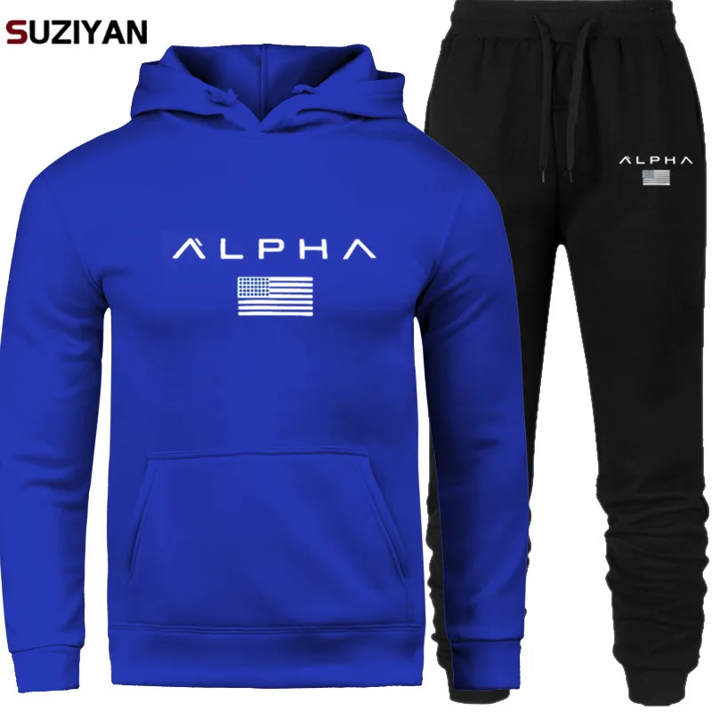 Мужские наборы с принтом Alpha Sweatsuit, спортивный костюм, брендовый спортивный костюм, спортивный костюм, Большой размер, мужская спортивная одежда, куртки с капюшоном и штаны - Цвет: SET06-ALPD