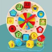 

Children's Wooden Clock Toy Multi Functional Knowledge Geometric Shape Building Block Jigsaw Puzzle Digital String Bead Toy