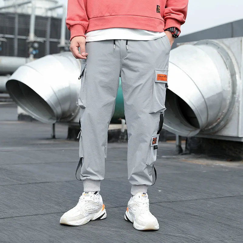 Мужская мода хип-хоп панк Jogger спортивные шаровары быстросохнущие легкие брюки карго - Цвет: Серый