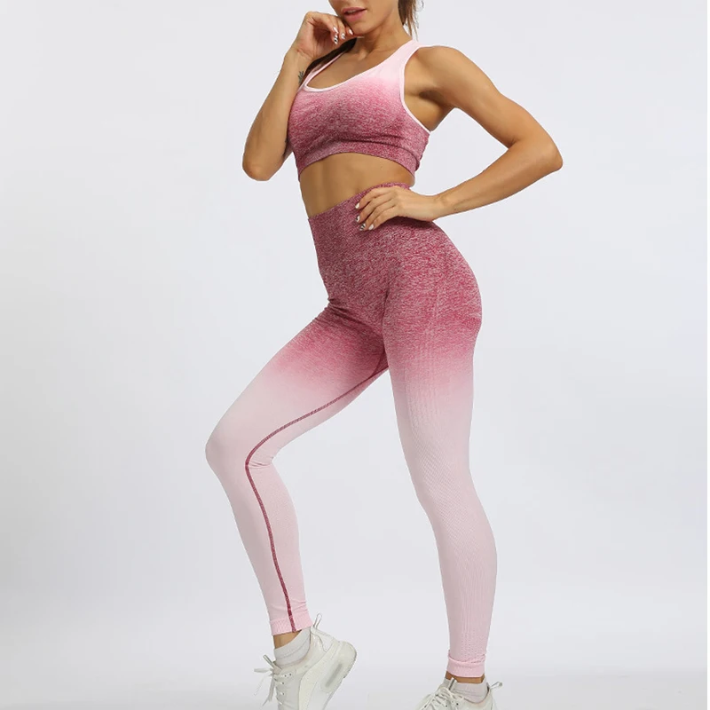 Ombre-Conjunto de ropa de gimnasio para mujer, juego de yoga de sujetador y leggings deportivos, ropa de gimnasio para mujer, moda deportiva para ejercicio sin costuras, prendas deportivas, traje deportivo de fitness, top deportivo