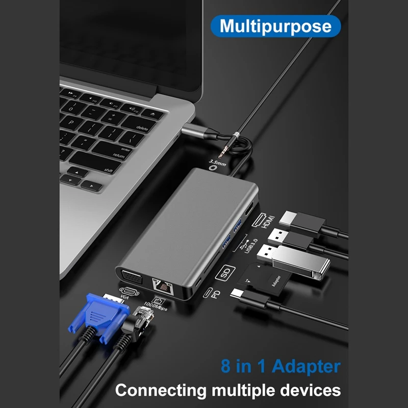 8-в-1 Тип C на HDMI VGA Hub сетевой карты расширения док-станция для кабель-Переходник USB C на HDMI кард-ридер