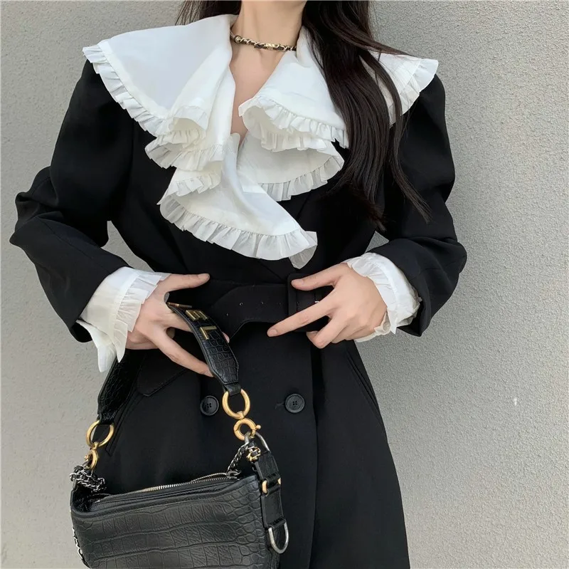 Korean Style Chic Peter Pan Collar Black Mini Dress For Women Spring Autumn High Street Vintage Long Sleeve Mini Blazer Dress