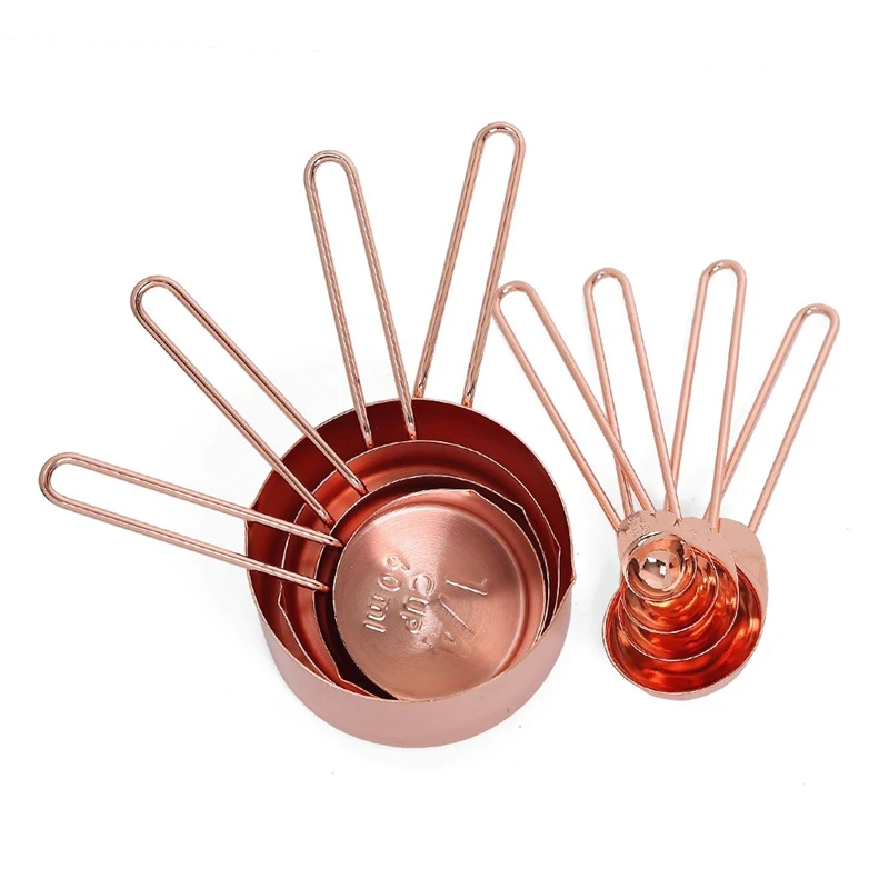 NEW Rose gold Stainless Steel Measuring Cups and Spoons set of 8 Engraved Measurements,Pouring Spouts& Mirror Polished for Baki