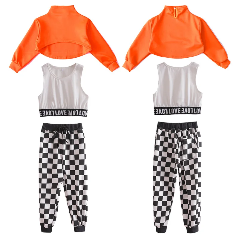 Kid Hip Hop Clothing Turtleneck Sweatshirt Crop Top Long Sleeve Streetwear Checkered Jogger Pants for Girl Dance Costume Clothes