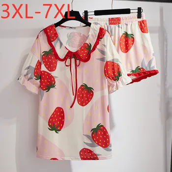 

New summer plus size home wear sets for women large loose print red shirt and shorts pajamas two pieces suit 3XL 4XL 5XL 6XL 7XL