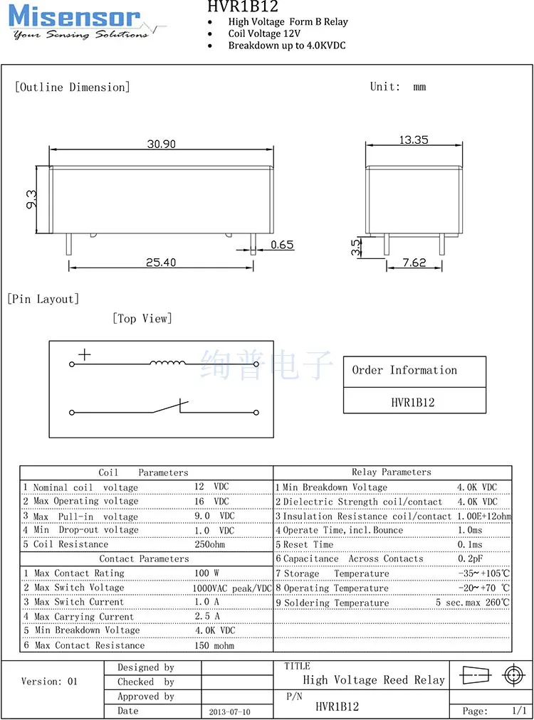 HVR1B12 DC12V 4KV MISENSOR Высокое напряжение сухое пружинное реле контакт 1 нормально закрытый
