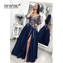 Королевский синий мусульманские Вечерние платья v-образным вырезом накладные аппликации на половину рукава Иллюзия разрез карман Дубай Саудовская Арабский вечернее платье для выпускного вечера