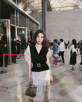 

2020 New Celebrity Party 2 Two Piece Set V Neck Puff Women Short Sleeve Top&Pants Sexy Night Club Sets Mesh Sashes Pencil Skirt