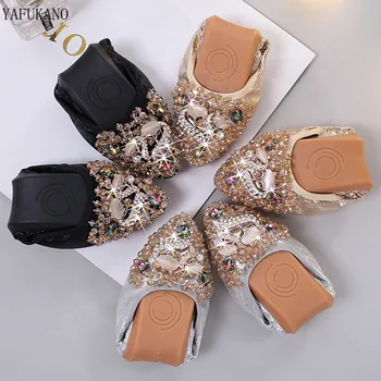 

Soft Sole Foldable Women Ballet Flats Luxury Rhinestone Ladies Shoes Big Size 43 44 45 Loafers Spring Autumn Shoes Woman