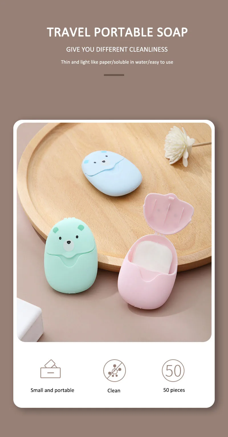50 unids/caja Mini portátil jabón papel perfumado trozo de espuma caja desechable jabón papel al aire libre Baño de viaje limpia jabón tabletas