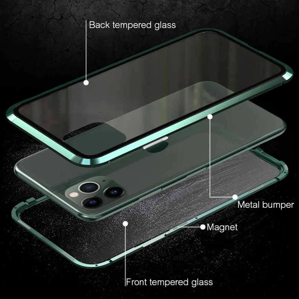 Магнитный металлический чехол для iPhone 11 Pro Max X XR XS MAX, Магнитный чехол из закаленного стекла 360, двусторонний чехол для iPhone 8, 7, 6, 6S Plus