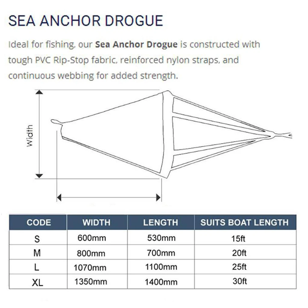 S Sea Anchor Drogue Drfiting Brake w/ 24inches Tow Rope for 21ft / 6.2m boat