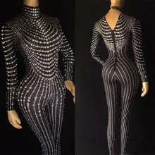 

Fashion Black Jumpsuit Luxury Rhinestones Pearls Costume Women Stage Performance Dance Bodysuit Party Nightclub Jazz Dj Rompers