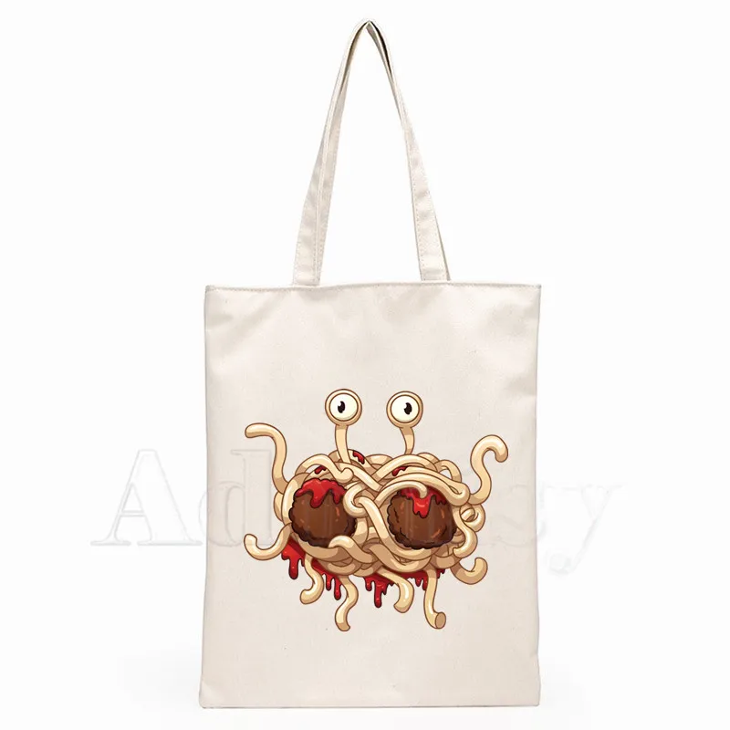 

FSM Flying Spaghetti Monster Print Reusable Shopping Bag Women Canvas Tote Bags Printing Eco Bag Cartoon Shopper Shoulder Bags
