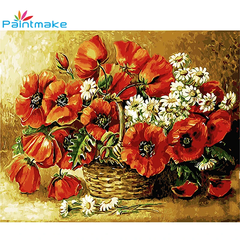 PAINTMAKE красный цветок DIY живопись по номерам Безрамное масло ромашки ручная