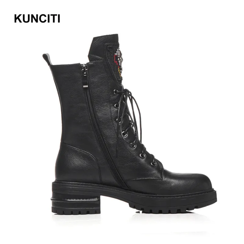 KUNCITI/ ковбойские ботинки для женщин; женские зимние ботинки до середины икры на высоком каблуке женские ботинки-гладиаторы на шнуровке натуральная кожа; D9195
