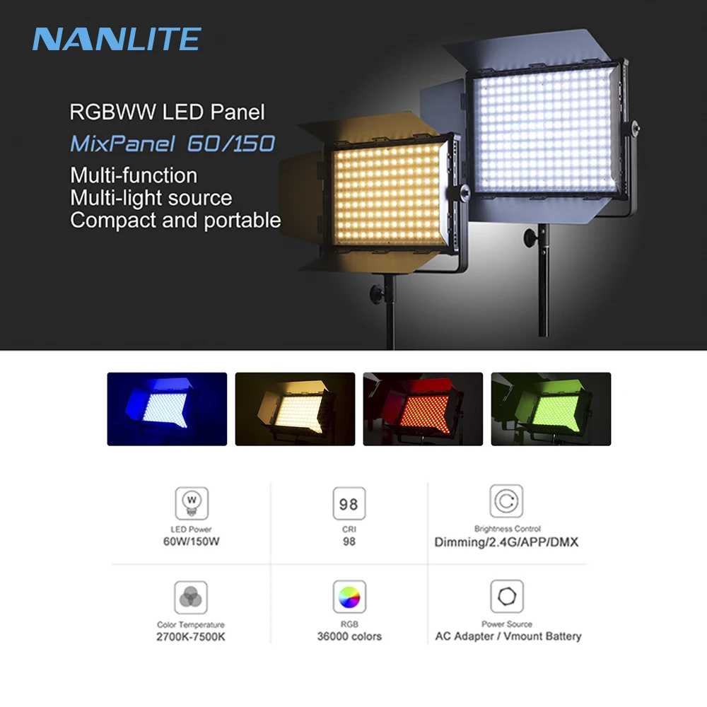 Nanlite микс панель 60 Вт/150 Вт 2700-7500 к RGB непрерывное видео мягкий светодиодный панельный светильник App/DMX/2,4G контроль затемнения с 10 цветовым эффектом