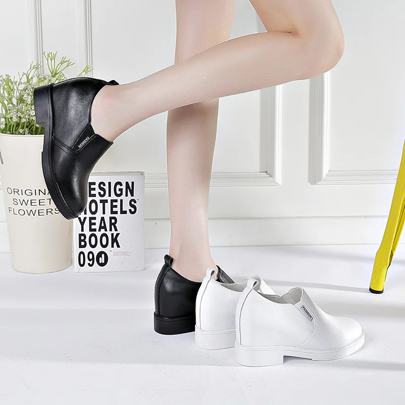 

Spring New Style Elevator Genuine Leather White Shoes Women's Korean-style Casual Genuine Leather Women's Ankle Boots Slip-on Lo