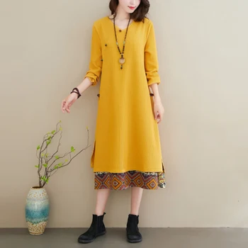 

Literary Loose Dress Long Sleeve Casual Yellow Dress Robe Longue Femme Ete Coton Korean Ladies Dresses Vestidos De Fiesta