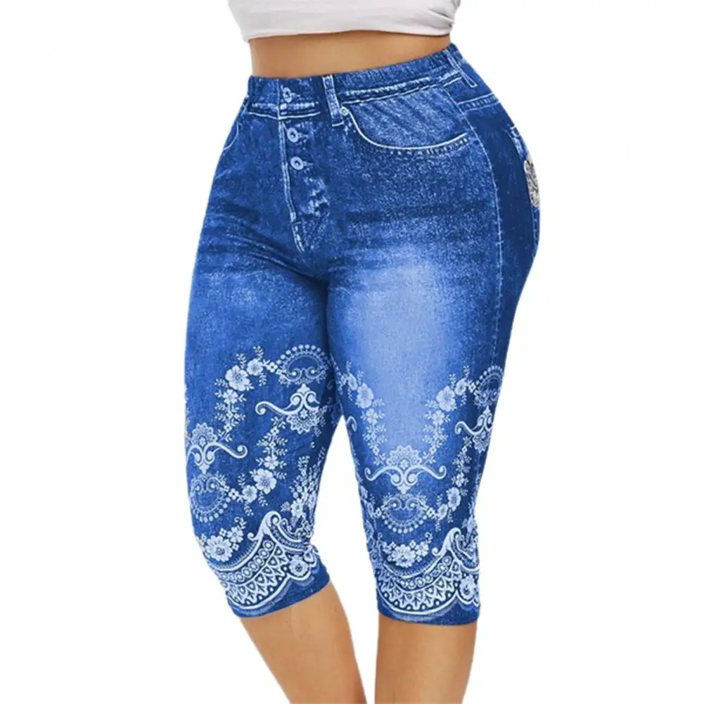 2021Summer New Plus Size Women\'s Fashion False Denim Print Yoga Pants Stretchy Women High Waist Pockets Pants Bottoms Soft
