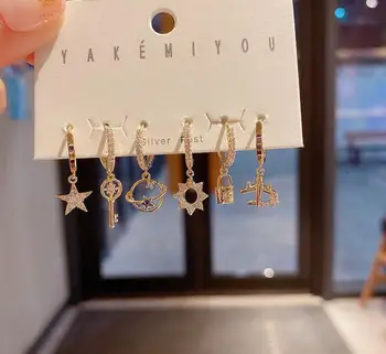 

High-end earrings 6-piece set of simple temperament zircon micro-inlaid star lock key planet earrings
