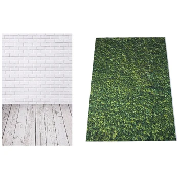 

2 Pcs 5X7FT Photography Background: 1Pcs Nature Green Grass Backdrops & 1Pcs White Brick Wall Wood Floor Vinyl Backdrop
