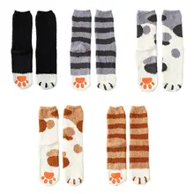 1 пара, женские Зимние коралловые домашние носки-тапочки с принтом в виде лап кота и бархатные носки-тапочки с захватами