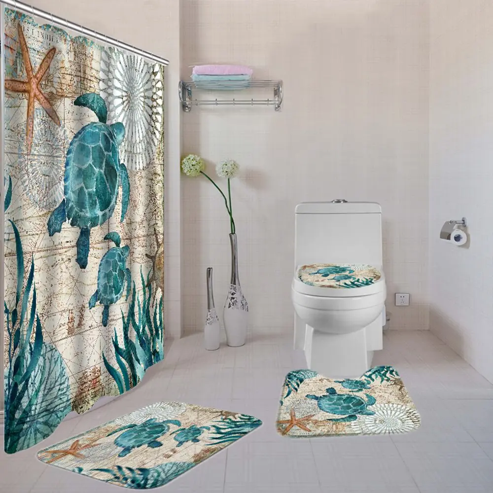 

Dafield 4 Pcs Sea Turtle Shower Curtain Sets Non-Slip Rug Toilet Lid Cover and Bath Mat Nautical Tropical Ocean Shower Curtains