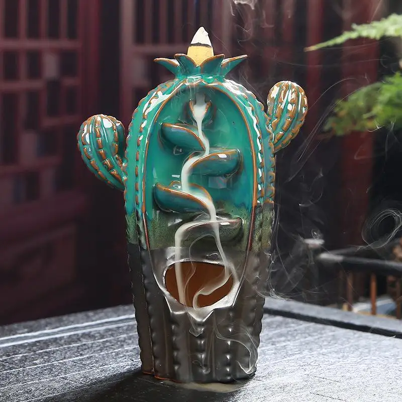 

Ceramic Cactus Backflow Incense Burner Smoke Waterfall Creativity Incense Holder Aromatherapy Home Craft Ornaments 20 Pcs Cones