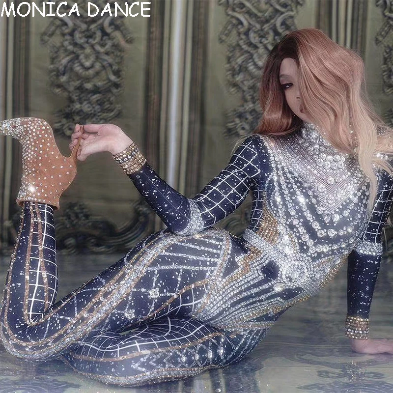 

Women Birthday Celebrate Prom Party Outfit Costume Shiny Rhinestone Jumpsuit Silver Crystals High Strech Elastic Tight Jumpsuits