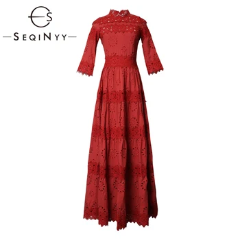 

SEQINYY Elegant Dress 2020 Summer Spring New Fashion Design Women Short Sleeve Lace Hollow out High Quality Long Dress