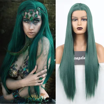 

RONGDUOYI Long Green Hair Synthetic Lace Front Wig Free Part Silky Straight Lace Wigs for Women Heat Resistant Cosplay Wig
