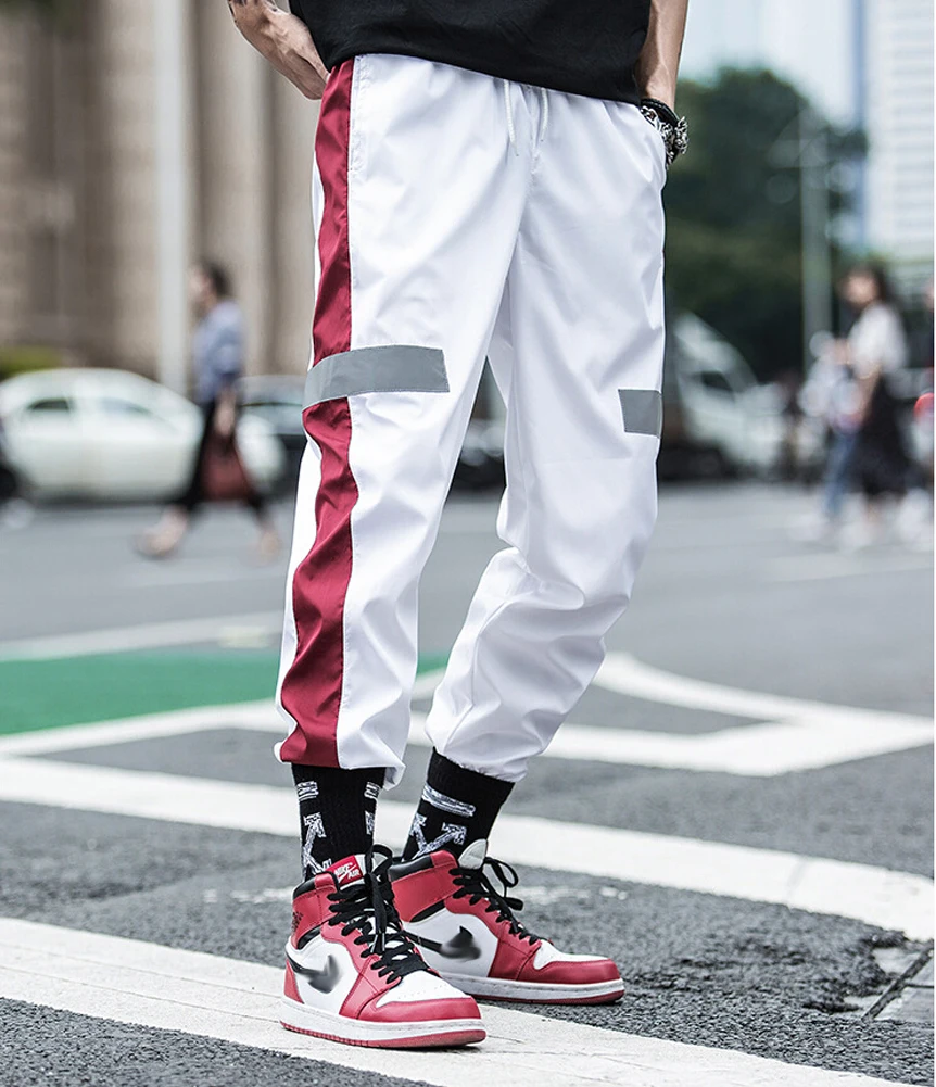 THEFOUND хип-хоп Светоотражающие брюки, повседневные черные брюки-карго, мужские эластичные брюки с высокой талией, уличная одежда, спортивные штаны для бега - Цвет: Белый