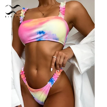 

Ruffle bandeau bikini set Frill women's swimsuit female High cut sexy bikini 2020 Push up tie dye swimwear Solid bathing suit
