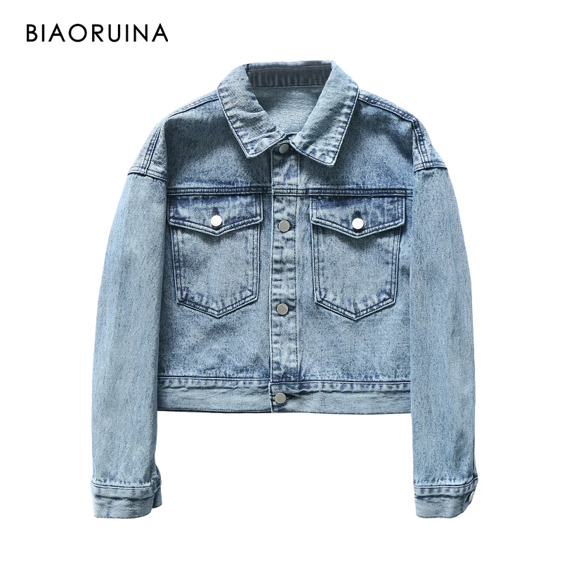 

BIAORUINA Women's Oversized Washing Bleached Denim Short Jacket Female Single Breasted Fashion Vintage Straight Coat