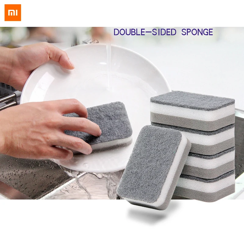 

5pcs xiaomi double-side sponge Thickened dishwashing wipe scouring pad cleaning brush nano cotton pot brush kitchen sponge