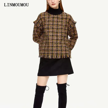 

Vintage French Style Women Sweatershirt Long Sleeve Turtleneck Pullover Sweatershirt Plaid Print Stitching Fringe Sweatershirts