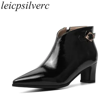 

Women Boots Autumn Winter Med Heel Pointed Toe Zipper Ankle Patent Leather Simple and Versatile 2019 Sexy New Fashion Black