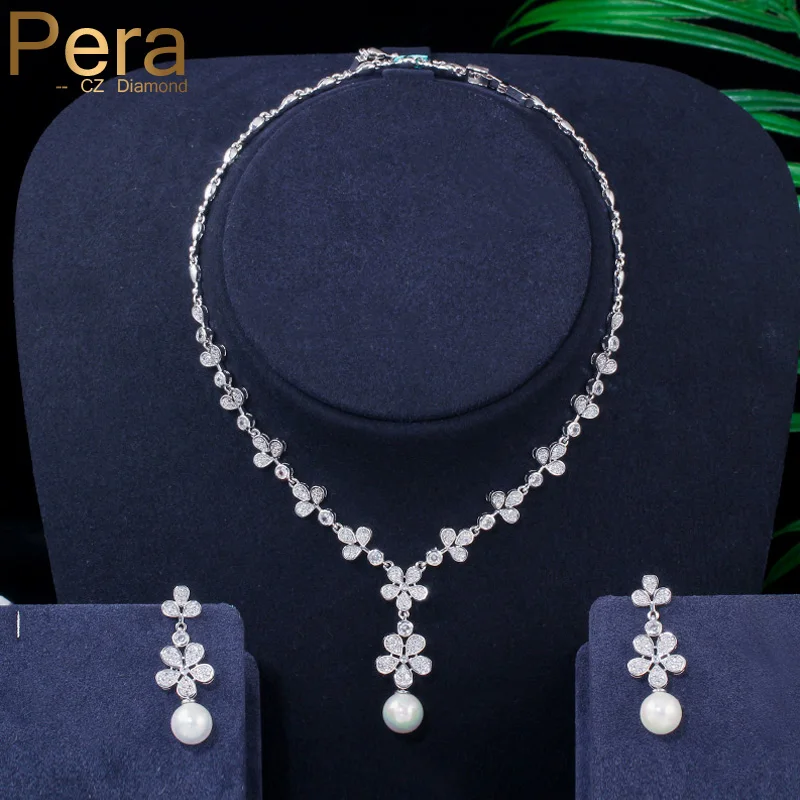 Long Simulated Pearl CZ Necklace Earring Bracelet Wedding Bridal Jewellery Set
