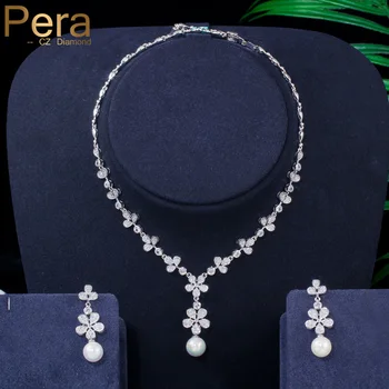 

Pera Wedding Bridal Flower Simulated Pearl Drop Jewelry Sets White Leaf Cubic Zirconia Earring and Necklace Set for Women J292