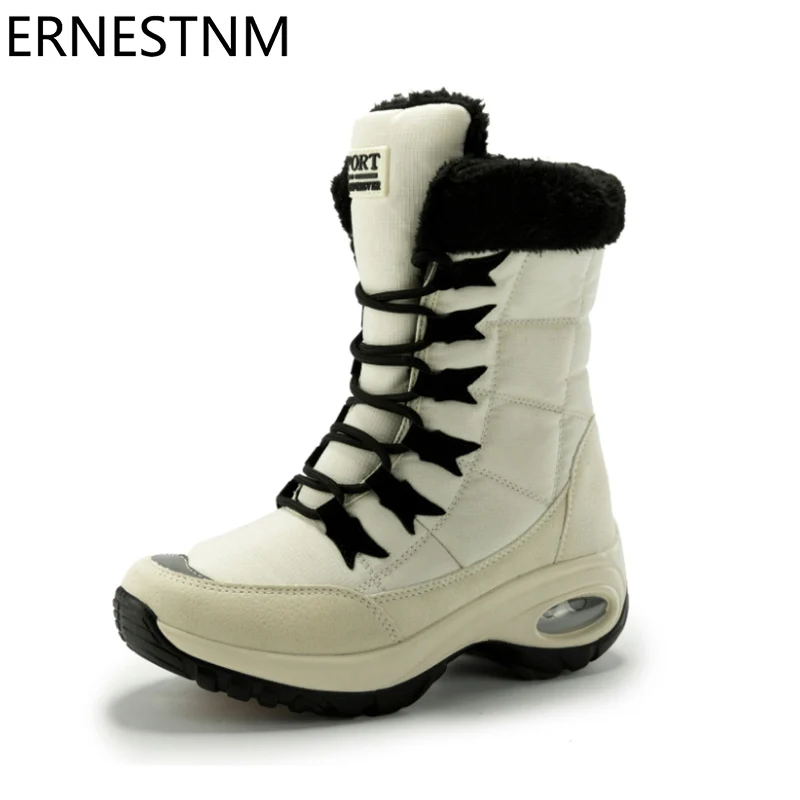 ERNESTNM/качественные Водонепроницаемые зимние женские ботинки теплые зимние ботинки до середины икры удобные женские ботинки на шнуровке chaussures femme