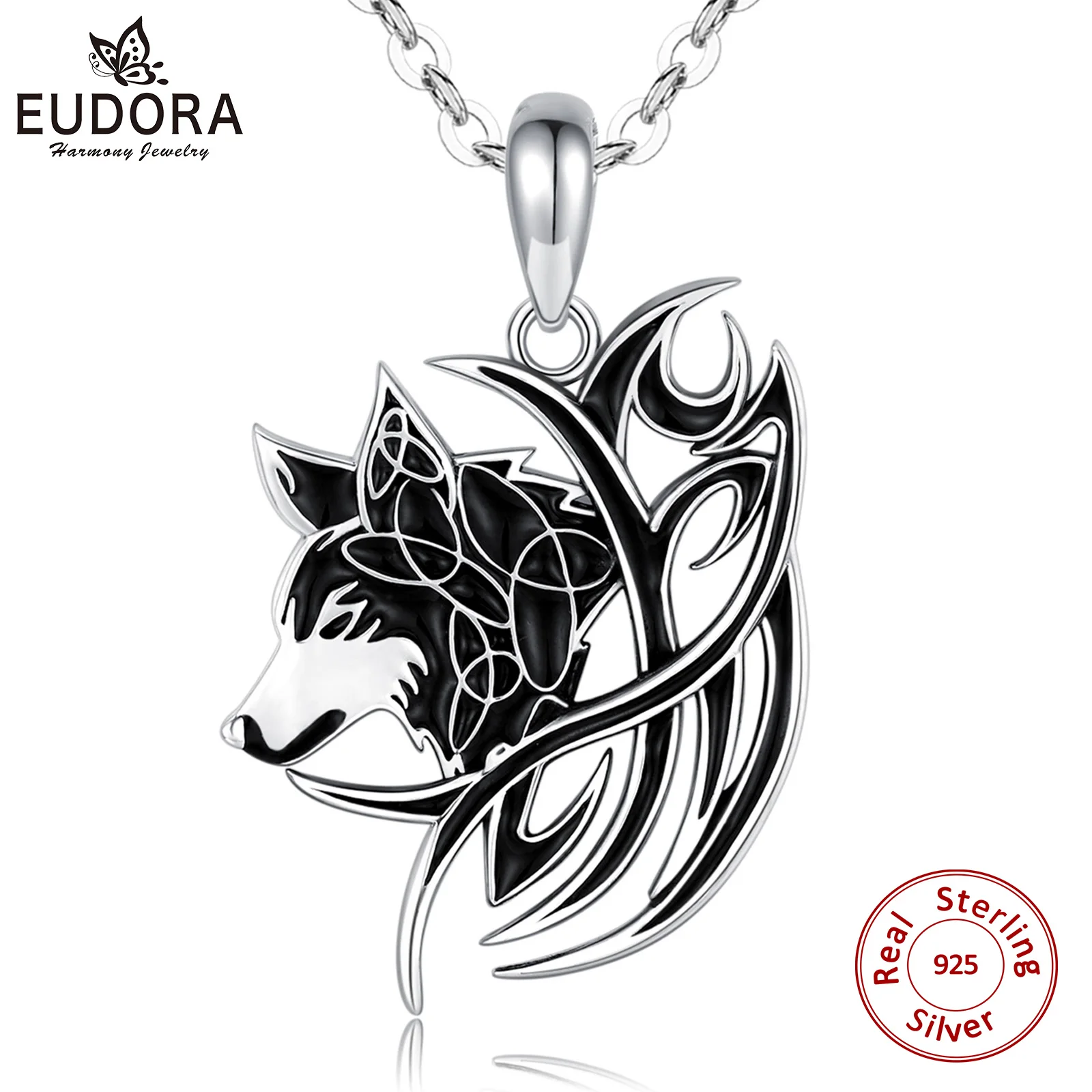 

Eudora 925 Sterling silver Black Wolf Necklace Valknut Odin 's Symbol of Norse Viking War Men'women Vintage pendant Jewelry D604