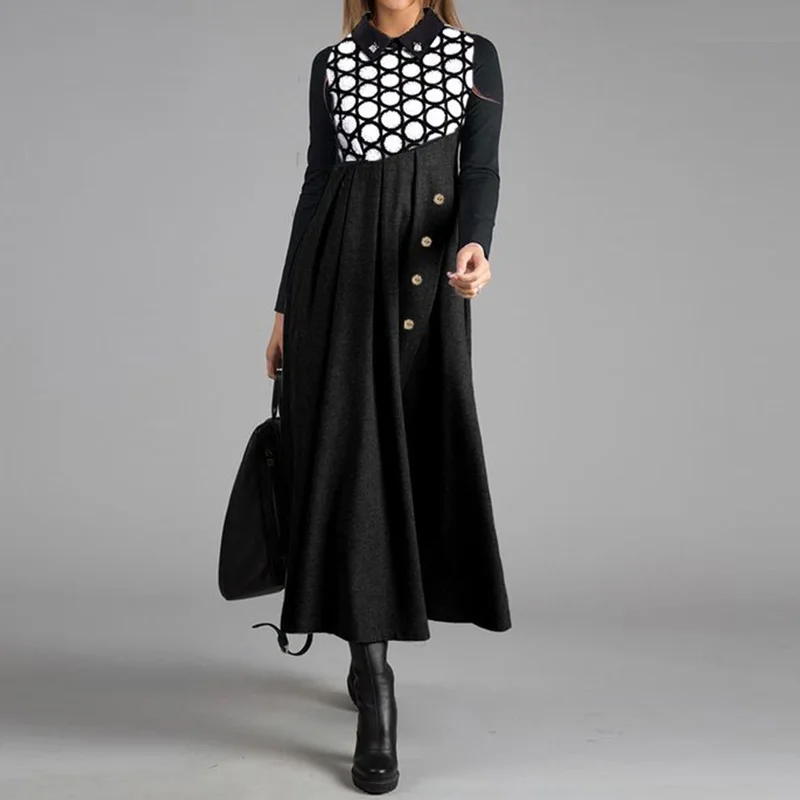 

Temperament Dresses For Women Long Sleeve Floral Print Turn Down Collar Autumn Slim High Waist Maxi Dress Elegant Clothing