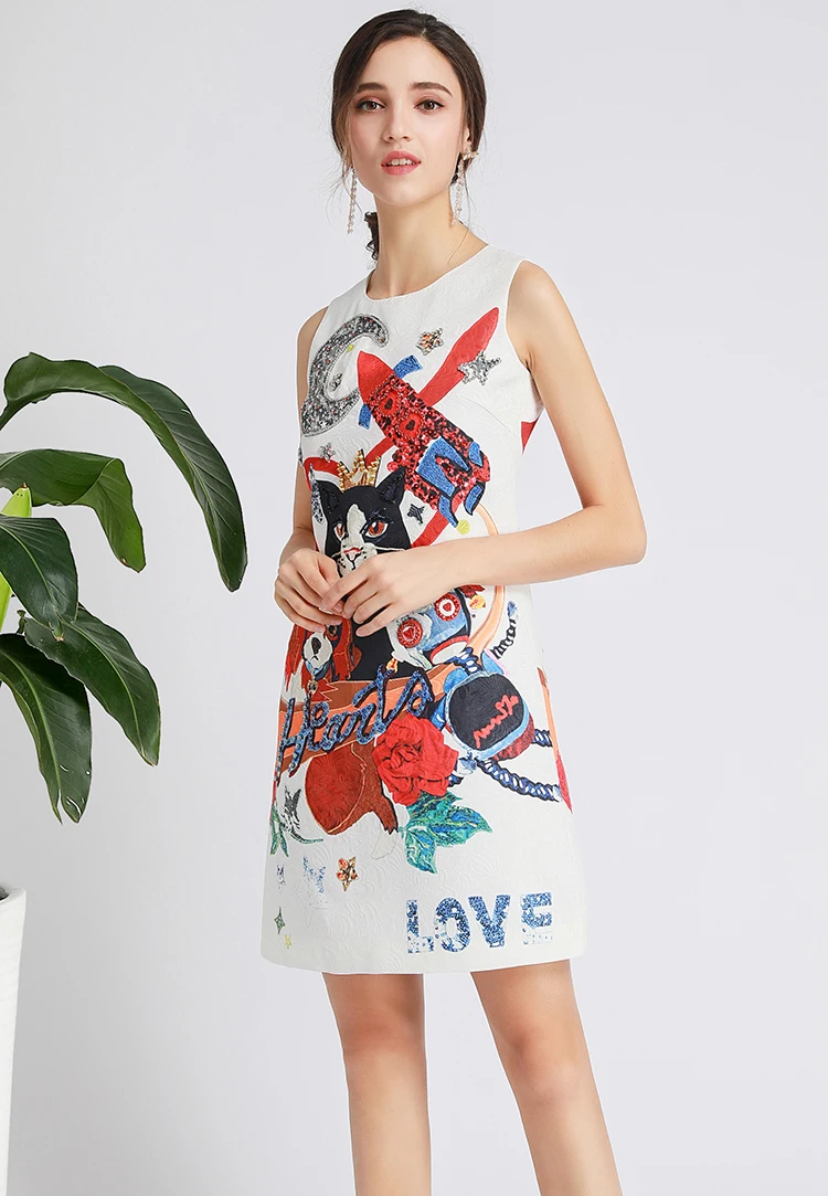 MoaaYina Summer Fashion Short Dress Women's Sleeveless Cartoon Print Jacquard Beading Crystal Sequin Dresses