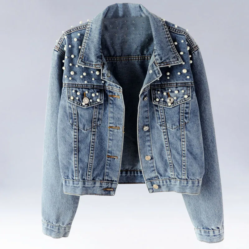 MR189 light blue Перламутровые короткие джинсовые куртки женские с длинным рукавом винтажные повседневные Большие размеры джинсовые куртки свободные бомберы женские джинсовые куртки - Цвет: MR189 light blue